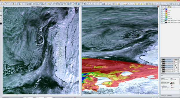 Фрагменты снимка MODIS до (слева) и после (справа) геотрансформации в проекцию WGS 84 с трансформированием в векторный слой в ПК IMC